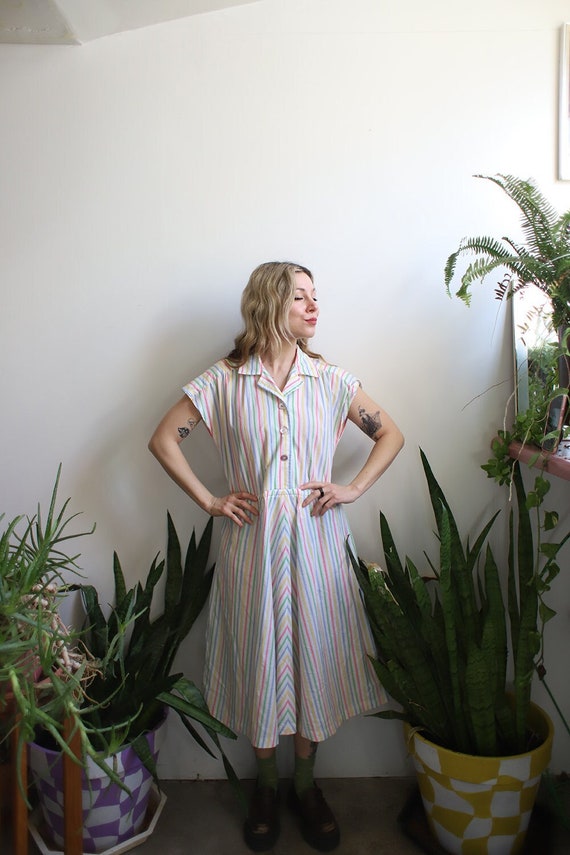 Vintage 1970s 80s white + candy pastel striped dre