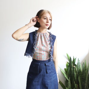 Vintage 1940s 50s xs denim two piece vest skirt set with fringe image 5