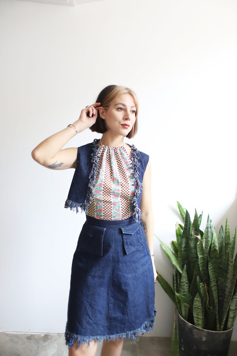 Vintage 1940s 50s xs denim two piece vest skirt set with fringe image 5