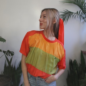 Vintage 1980s 90s silk color block shirt orange lime green chartreuse