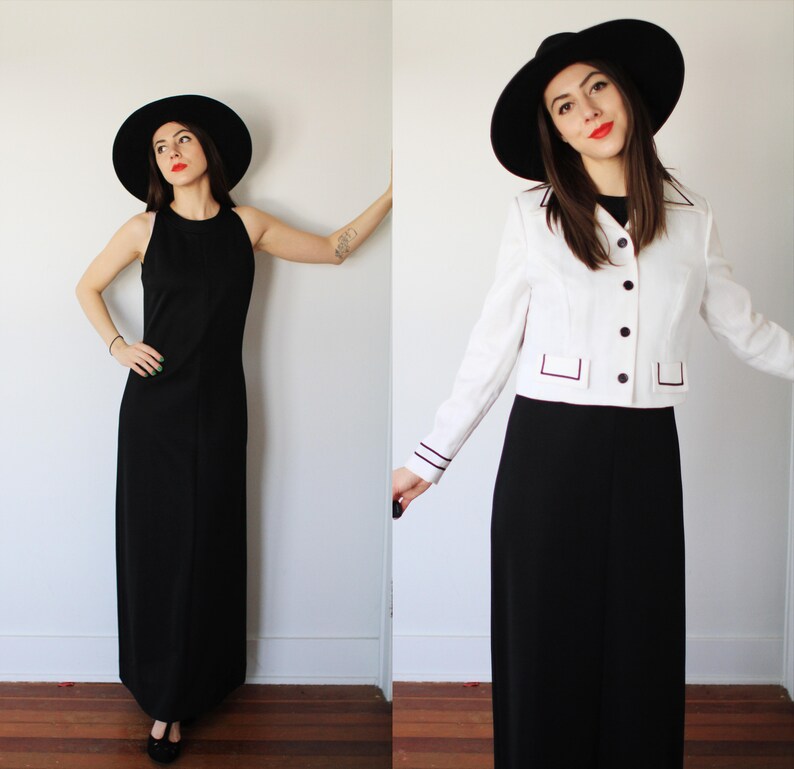 white boxy blazer jacket set button up Vintage 1970s small medium My Latest Leslie Fay sleeveless black maxi dress