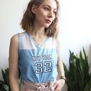 Vintage 1990s 2000s y2k xs small New York 32 sleeveless jersey tank top shirt / pastel light blue image 3