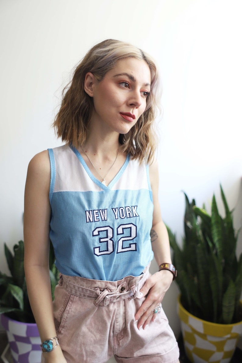 Vintage 1990s 2000s y2k xs small New York 32 sleeveless jersey tank top shirt / pastel light blue image 3