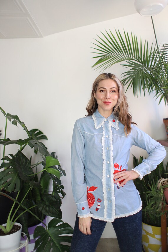 Vintage 1960s 70s xs button down apple + floral f… - image 2