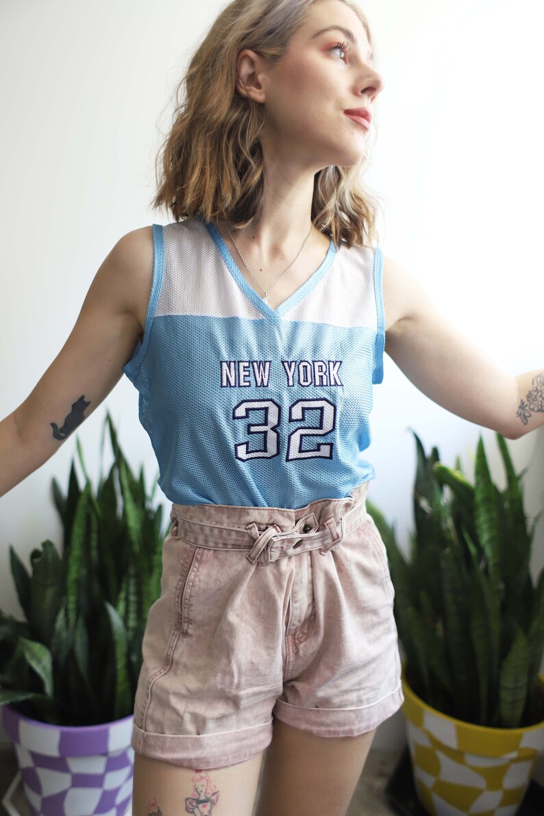 Vintage 1990s 2000s y2k xs small New York 32 sleeveless jersey tank top shirt / pastel light blue image 1