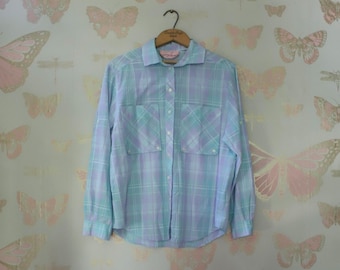 Camisa vintage de manga larga con botones y cuadros pastel de Jaclyn Smith, años 80 y 90