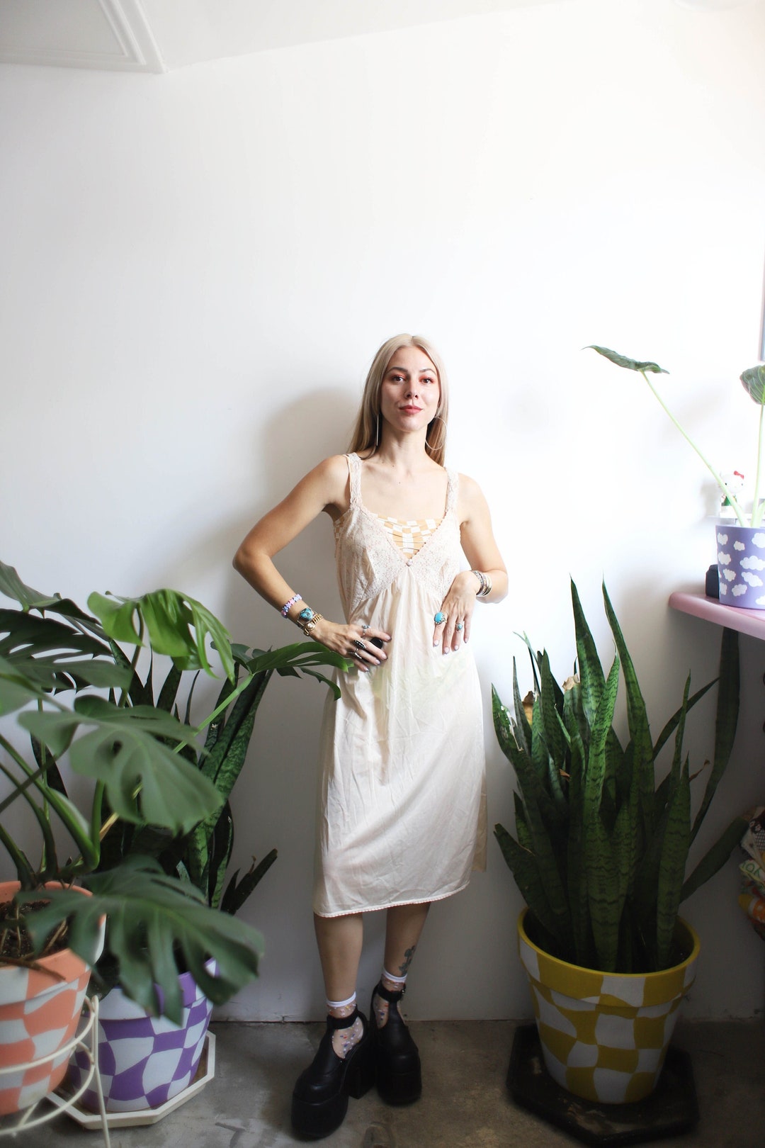 Vintage 1960s Lace Peach Beige Slip Dress Lingerie Undergarment