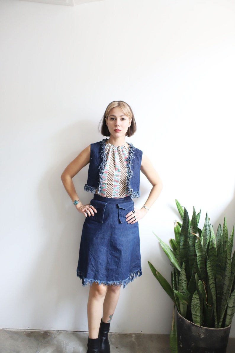 Vintage 1940s 50s xs denim two piece vest skirt set with fringe image 1