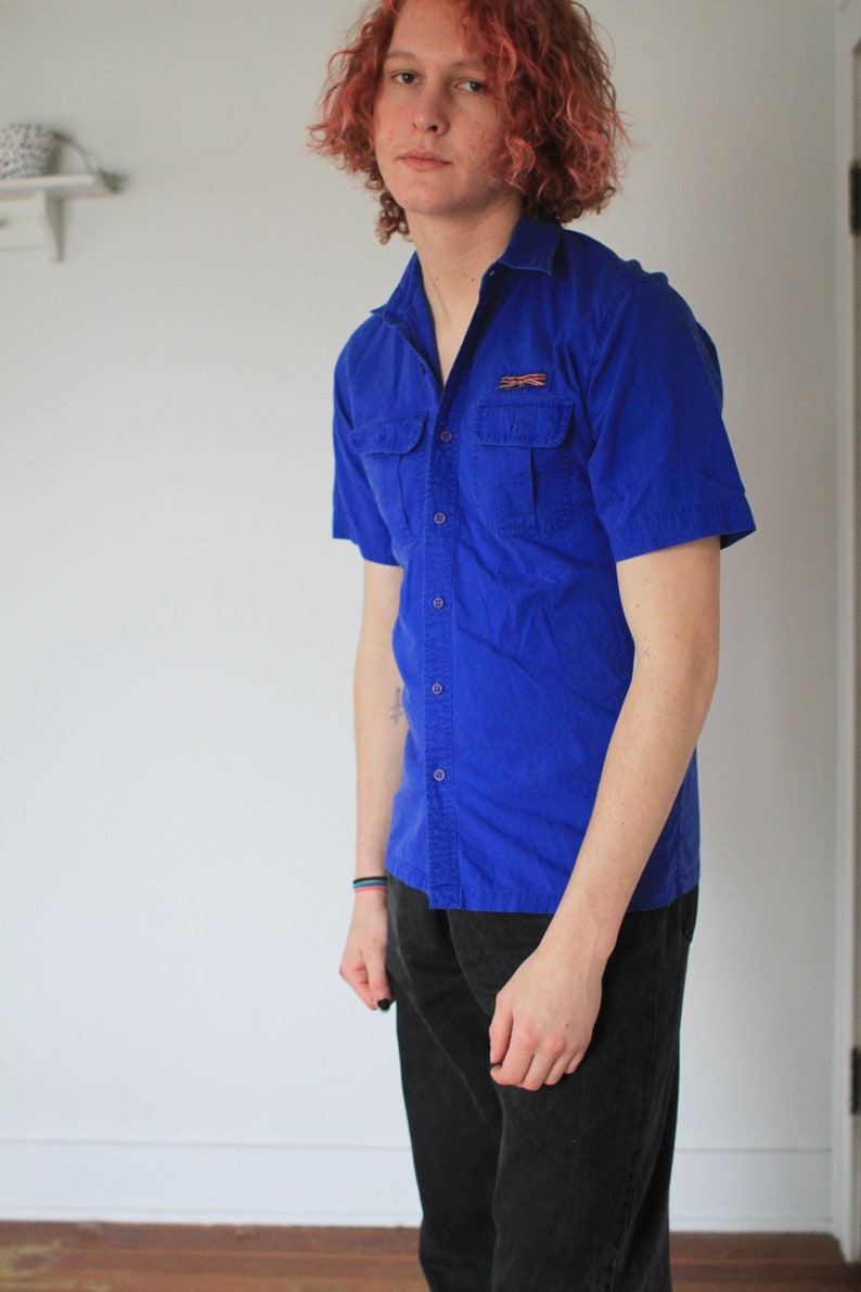 Vintage small medium 1980s 90s blue Brittania short sleeve button up oxford shirt image 1