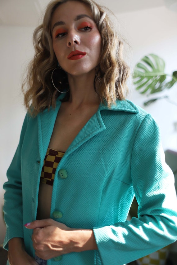 Vintage 1970s small bright turquoise blazer jacket - image 6