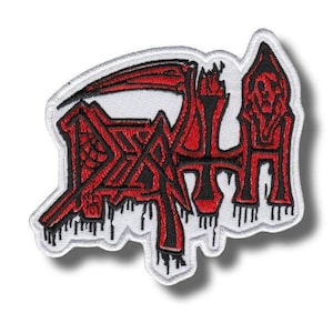 May include: An embroidered patch featuring the word DEATH in a stylized, jagged red and black font. The design incorporates a scythe blade integrated into the lettering and a hooded figure silhouette on the right side, all on a white background.