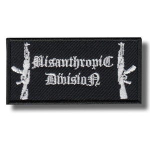 May include: A rectangular black embroidered patch featuring white stitching. The text Misanthropic Division is centred in a gothic font, flanked on both the left and right sides by a vertical white embroidered graphic of an assault rifle.