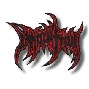 May include: An embroidered patch featuring stylised, jagged lettering in bright red thread against a solid black background. The design has sharp, pointed edges and a dense, textured stitch pattern that creates a bold, high-contrast appearance.
