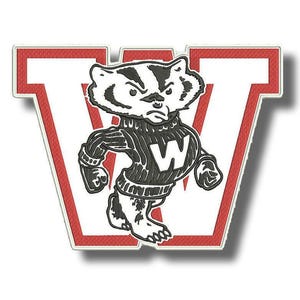 May include: An embroidered patch featuring a large red letter W with a white border. Centered on the letter is a black and white graphic of a badger wearing a jumper with a white letter W on the chest. The badger has a determined expression.