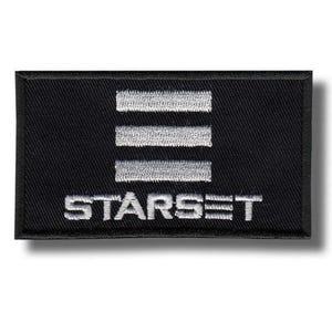 May include: A rectangular black embroidered patch featuring three horizontal silver-grey bars stacked vertically above the word STARSET, which is also embroidered in silver-grey thread with a distinct equal sign replacing the letter E.