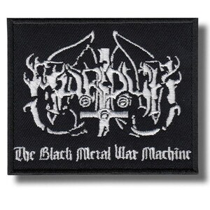 May include: A rectangular black embroidered patch featuring white stylised lettering that reads Marduk with an inverted cross integrated into the design. Below the main graphic, the text reads The Black Metal War Machine in a gothic font.