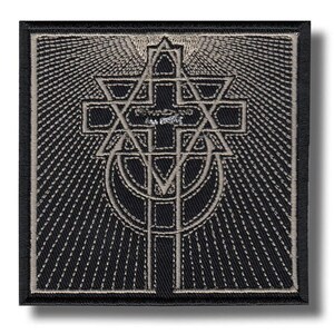 May include: A square black embroidered patch featuring a silver-toned geometric design. The central motif consists of a cross layered with a six-pointed star and a circular element, surrounded by radiating lines that extend to the patch edges.
