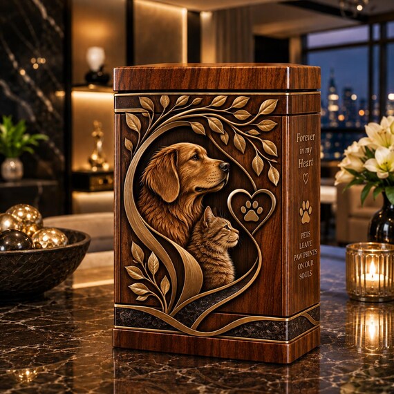 Personalized Wooden Pet Urn, Dog Cat Memorial Keepsake Box (Engraved)