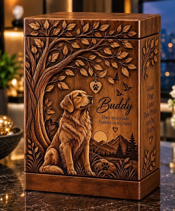 Personalized Wooden Pet Urn, Dog Cat Memorial Keepsake Box (Engraved)