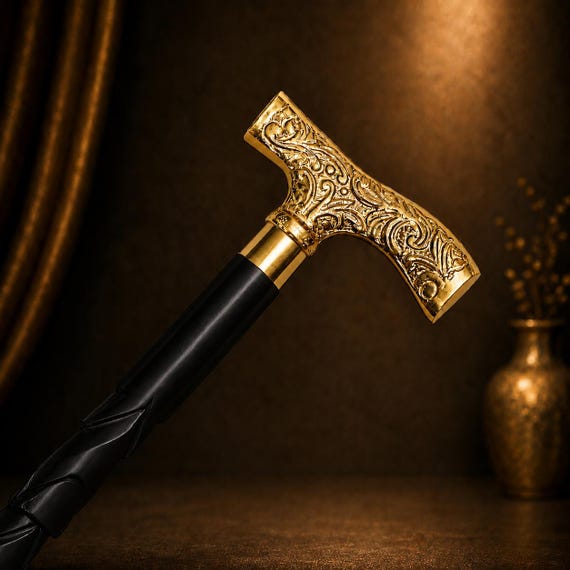 Ornate Gold Handle Wooden Walking Cane | Elegant Classic Design, Men Women