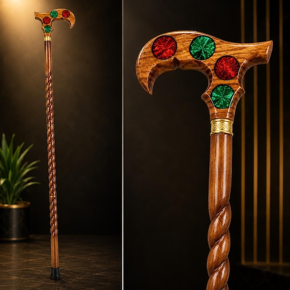 Sheesham Wood Walking Stick, Resin Handle, Elegant String Grip, Handmade Cane