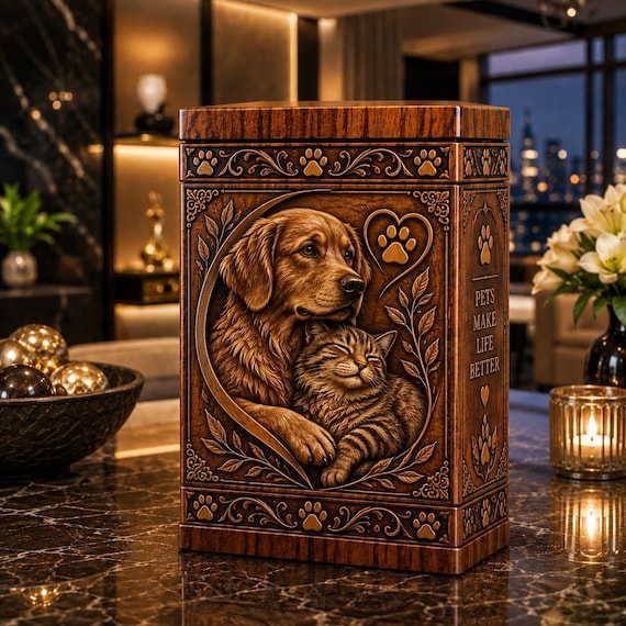 Personalized Wooden Pet Urn, Dog Cat Memorial Keepsake Box (Engraved)