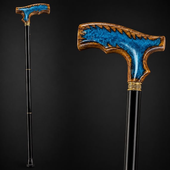 Handcrafted Wooden Walking Stick with Blue Resin Art | Artisan Walking Cane, Nature Inspired Staff