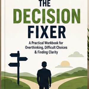 May include: A book titled LifeUnconflicted: The Decision Fixer, A Practical Workbook for Overthinking, Difficult Choices & Finding Clarity. The cover features a person standing at a fork in a path, a signpost, and the words Understand, Clarify, Decide, Act, Grow.