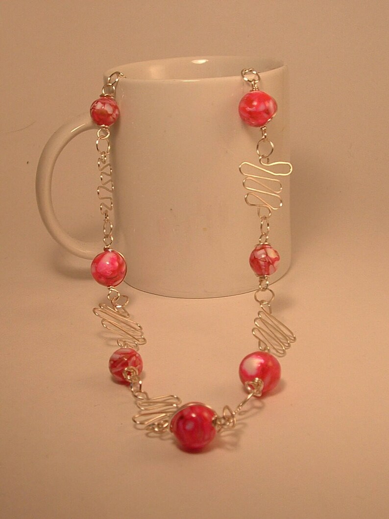 beaded jewelry silver plate jewelry Squiggle Chain Necklace Set Wire and pink bead jewelry set wire /& bead jewelry Wire work jewelry