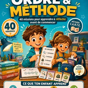 Op de afbeelding: Een blauwe educatieve boekomslag getiteld AVANT D'AGIR ORDRE & MÉTHODE met twee getekende kinderen, een checklist en vier kleurrijke kaarten met de labels OBSERVE, ORDRE, PRÉPARE en VÉRIFIE, met tekst over 40 missies voor kinderen.