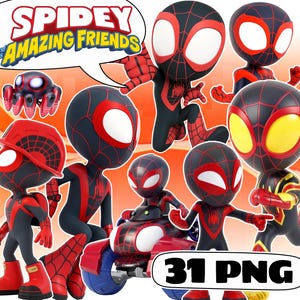 May include: A collection of Spidey and His Amazing Friends character graphics featuring various poses of the black and red spider-themed figures, including one on a vehicle, with the text Spidey and His Amazing Friends and 31 PNG visible.