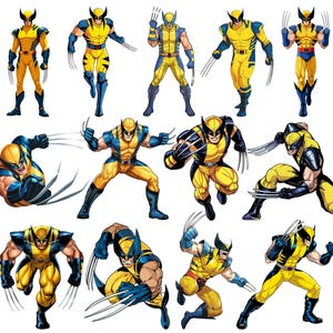 May include: A collection of twelve illustrations of the comic book character Wolverine in various action poses, wearing a yellow and blue costume with a mask featuring pointed ears and metallic claws extending from the hands of the character.