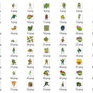 May include: A digital collection of fifty-six individual graphic files featuring Teenage Mutant Ninja Turtles characters, including various poses, group shots, individual portraits, a pizza slice, and a turtle shell, all displayed in a grid layout.