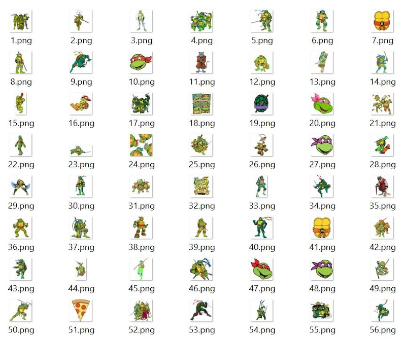 May include: A digital collection of fifty-six individual graphic files featuring Teenage Mutant Ninja Turtles characters, including various poses, group shots, individual portraits, a pizza slice, and a turtle shell, all displayed in a grid layout.