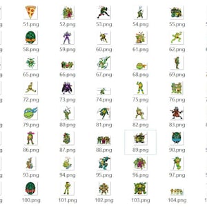 May include: A digital collection of fifty-six individual graphic icons featuring Teenage Mutant Ninja Turtles characters, various weapons, a pizza slice, and a vehicle, arranged in a grid format with each file labeled from 50.png to 105.png.