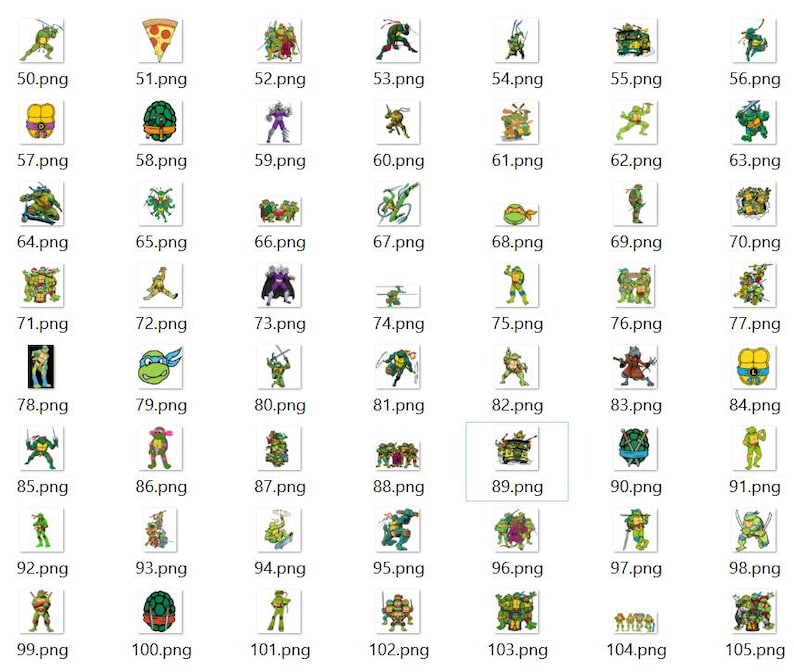 May include: A digital collection of fifty-six individual graphic icons featuring Teenage Mutant Ninja Turtles characters, various weapons, a pizza slice, and a vehicle, arranged in a grid format with each file labeled from 50.png to 105.png.