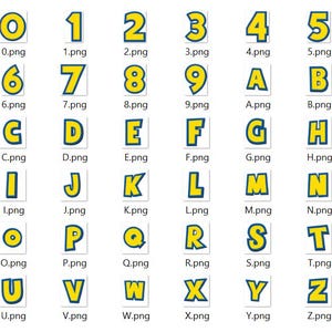 May include: A collection of individual digital files featuring the numbers zero through nine and the letters A through Z. Each character is rendered in a bold yellow font with a thick blue outline, presented on a white square background.