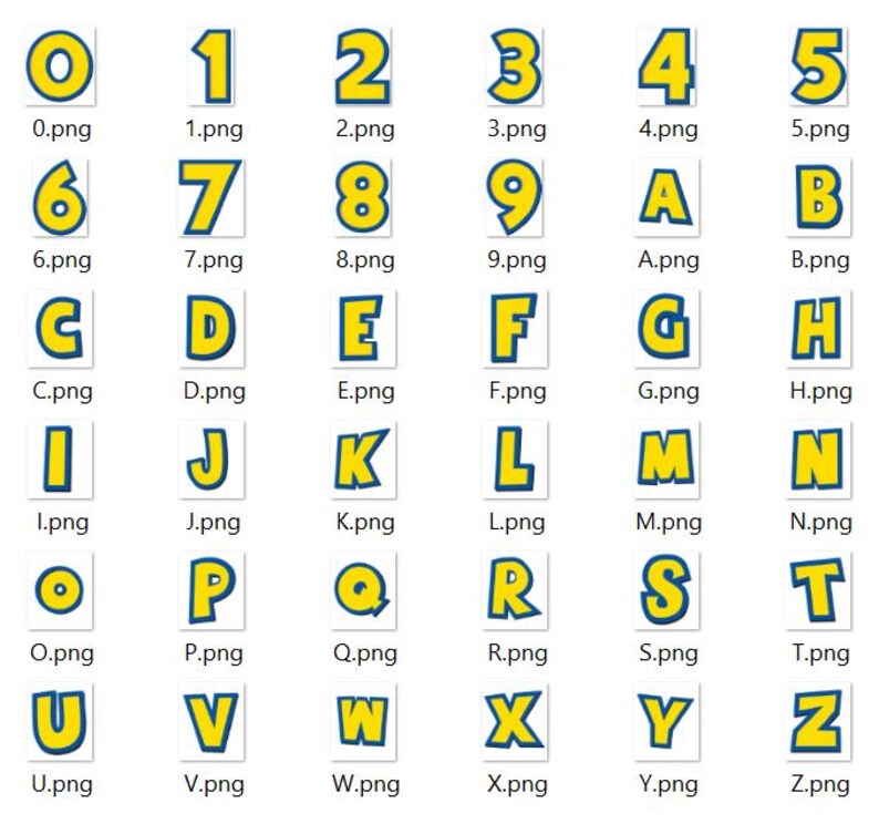 May include: A collection of individual digital files featuring the numbers zero through nine and the letters A through Z. Each character is rendered in a bold yellow font with a thick blue outline, presented on a white square background.