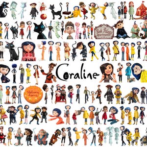 May include: A collection of Coraline character figurines and props, including Coraline in her yellow raincoat, the black cat, and the Pink Palace apartments sign. The word Coraline is written in the center in a stylized black script font.