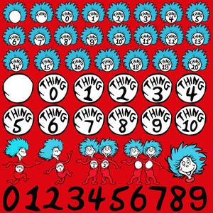 May include: A collection of Dr. Seuss Thing characters and numbers on a red background. Includes small blue-haired Thing icons labeled 0 through 20, larger white circular badges with black text Thing 0 through 10, and black digits 0 through 9.