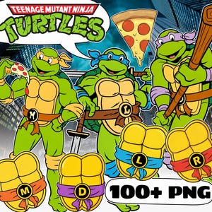 May include: A digital graphic featuring the Teenage Mutant Ninja Turtles logo, three green turtle characters with coloured masks, a slice of pepperoni pizza, and four individual turtle shell icons labelled with letters M, D, L, and R, plus text 100+ PNG.