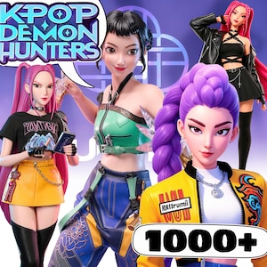 May include: Four stylized character figures labeled KPOP DEMON HUNTERS and 1000+. One figure has long pink hair, a black t-shirt, and a yellow skirt. Another wears a green top and blue pants. A third has pink hair and a black outfit. The fourth has purple hair and a yellow jacket.