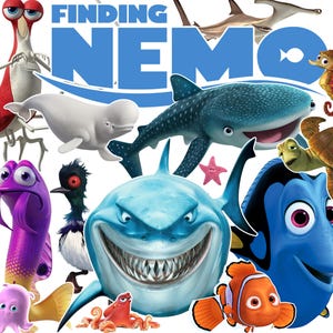 May include: A Finding Nemo graphic featuring a large blue logo with various animated sea creatures including a white shark, a blue tang, a clownfish, a sea turtle, a whale shark, a seahorse, a purple eel, and a white beluga whale.