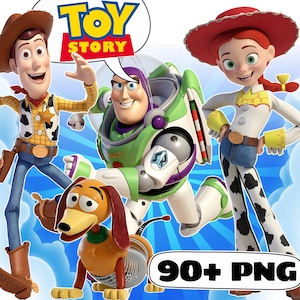 May include: A digital graphic featuring Toy Story characters Woody, Buzz Lightyear, Jessie, and Slinky Dog against a blue sky background. The image includes the Toy Story logo in a speech bubble and the text 90+ PNG in a white rounded rectangle.