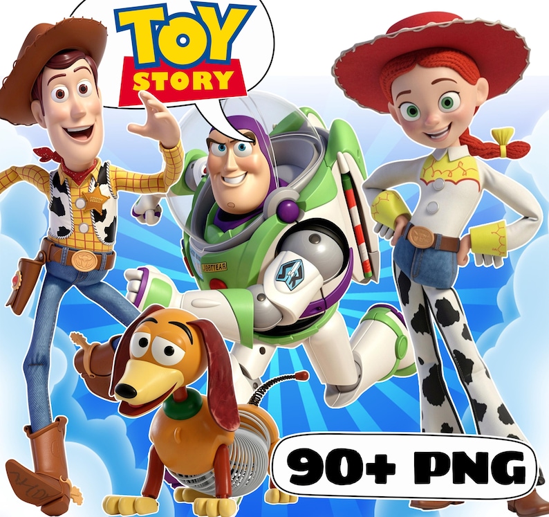 May include: A digital graphic featuring Toy Story characters Woody, Buzz Lightyear, Jessie, and Slinky Dog against a blue sky background. The image includes the Toy Story logo in a speech bubble and the text 90+ PNG in a white rounded rectangle.