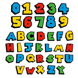 May include: A collection of block-style letters and numbers featuring a bold, chunky design with a black outline. The characters are rendered in a vibrant color palette of red, yellow, green, and blue, arranged in rows including digits 0-9 and A-Z.