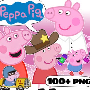May include: A digital illustration featuring Peppa Pig characters including a pig in a brown cowboy hat with a yellow star, a pig in a blue helmet driving a yellow race car with the number 2, and a pig holding a bubble wand. Text reads Peppa Pig.