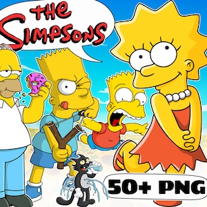 Op de afbeelding: Een digitale illustratie met de Simpsons-personages Homer, Bart en Lisa, samen met een zwarte kat die water drinkt. De tekst THE SIMPSONS staat bovenaan en 50+ PNG staat onderaan. De personages zijn geel en dragen kleurrijke kleding.