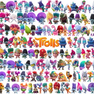 May include: A large collection of Trolls characters featuring various colorful hair styles, skin tones, and outfits, arranged in a grid pattern with the orange Trolls logo text centered in the middle of the image.