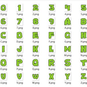 May include: A digital collection of lime green, blocky, cartoon-style letters from A to Z and numbers 0 to 9. Each character features a thick black outline and a textured, uneven surface, presented as individual square icons with filenames below each.